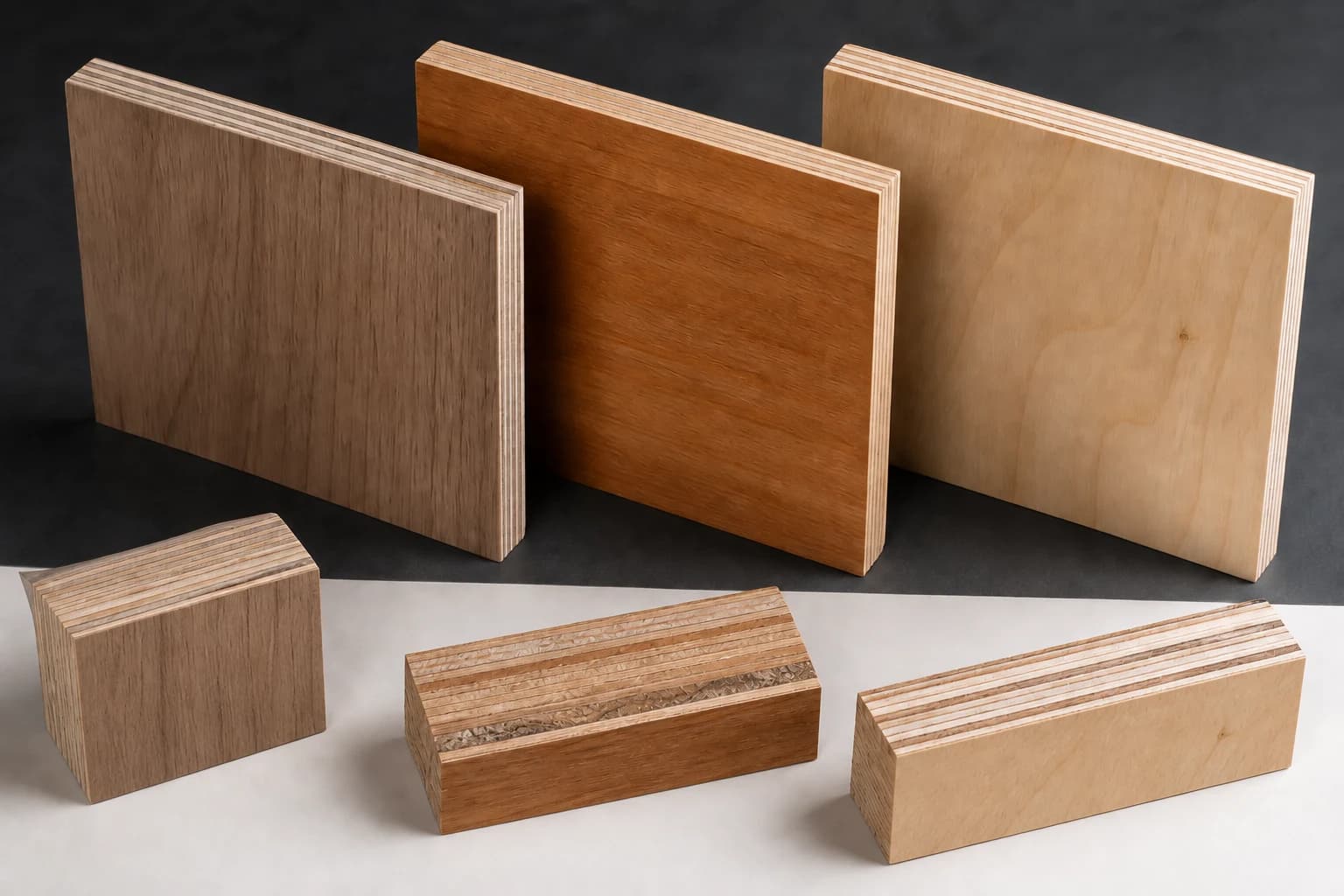 Hardwood plywood face samples and exposed eucalyptus, hardwood-combi and high-ply core references