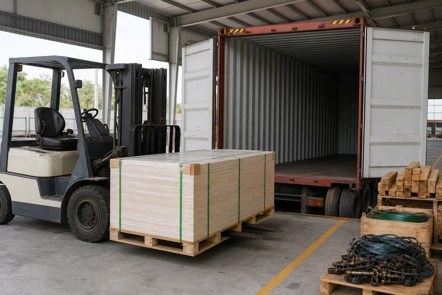 Protected plywood bundle on a full pallet aligned with forklift forks beside an open dry freight container