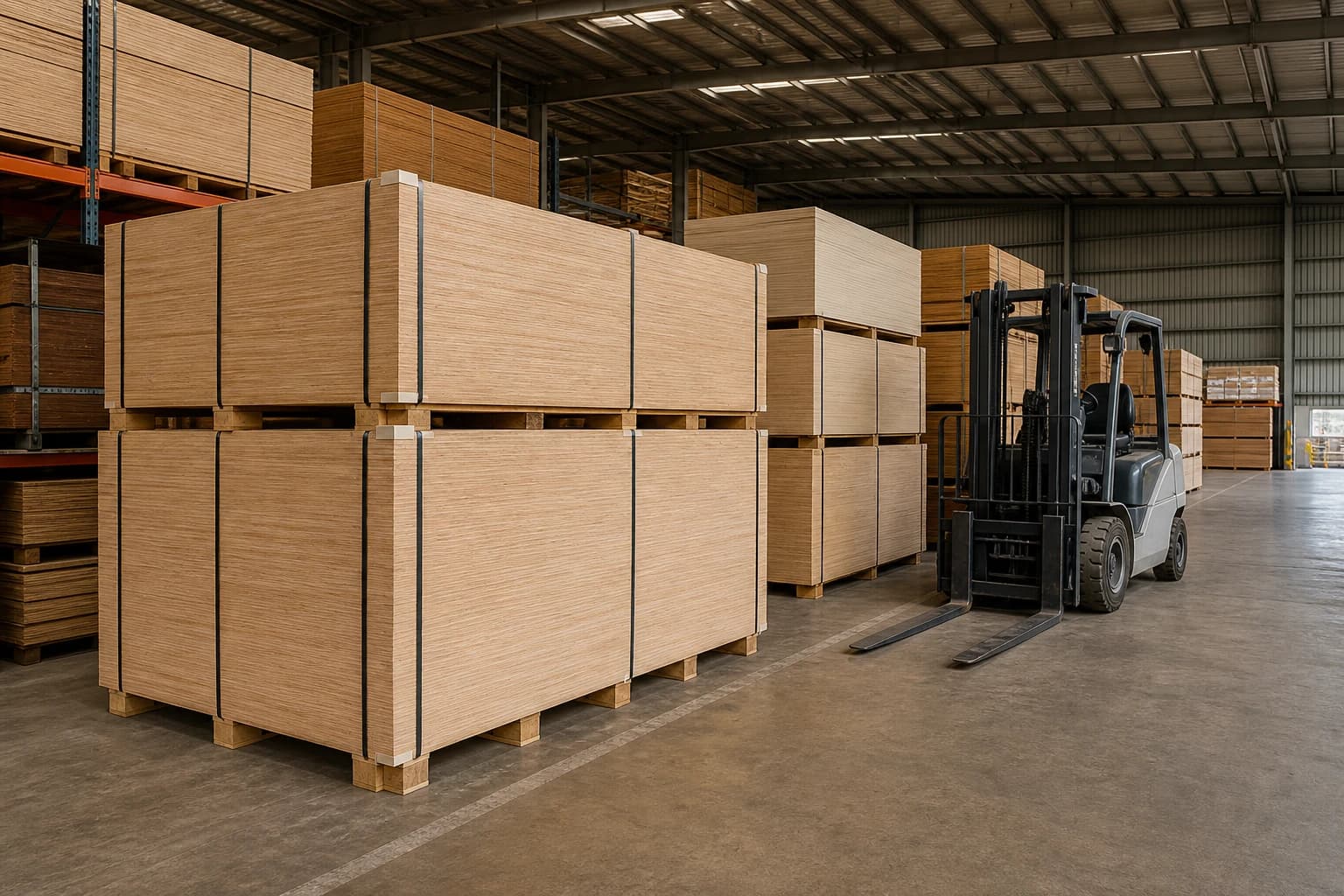 Supported plywood bundles in a roofed distributor warehouse with a clear forklift receiving aisle