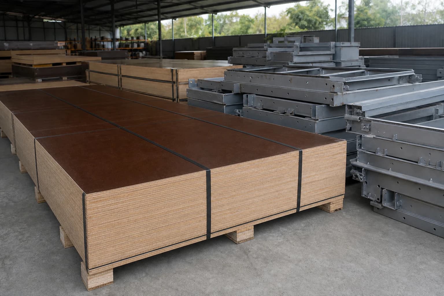 Complete Film Faced Plywood pack held by three parallel continuous straps on full aligned supports beside organized steel formwork components in a covered preparation yard