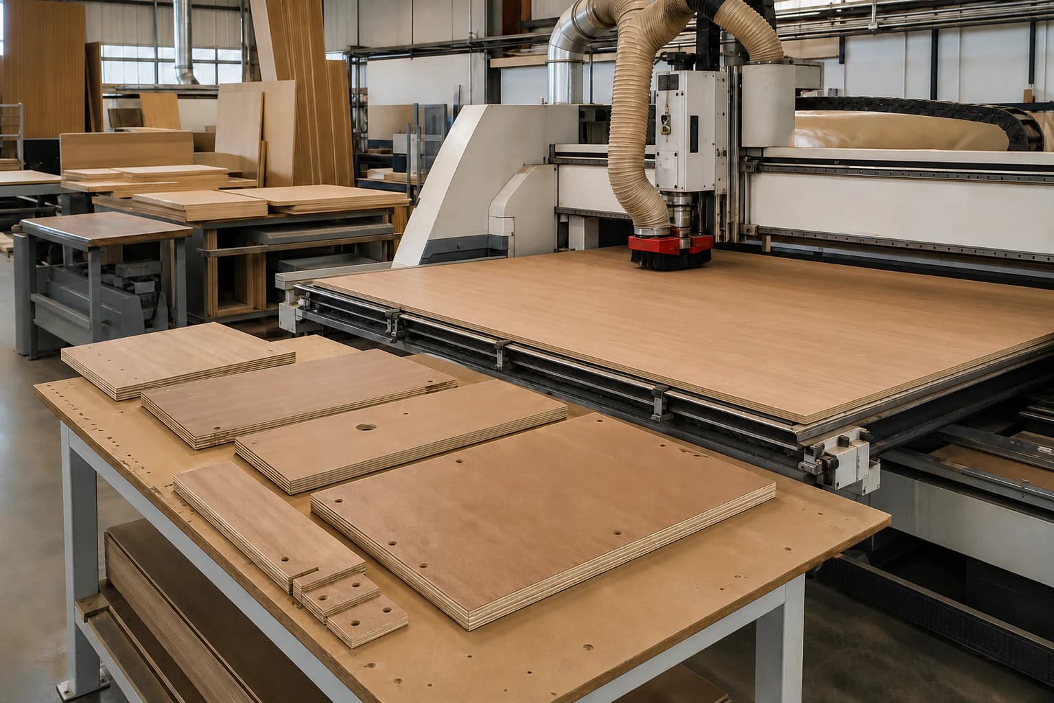 One flat plywood sheet fully supported on a CNC vacuum bed with connected dust extraction and organized furniture components on a separate support table