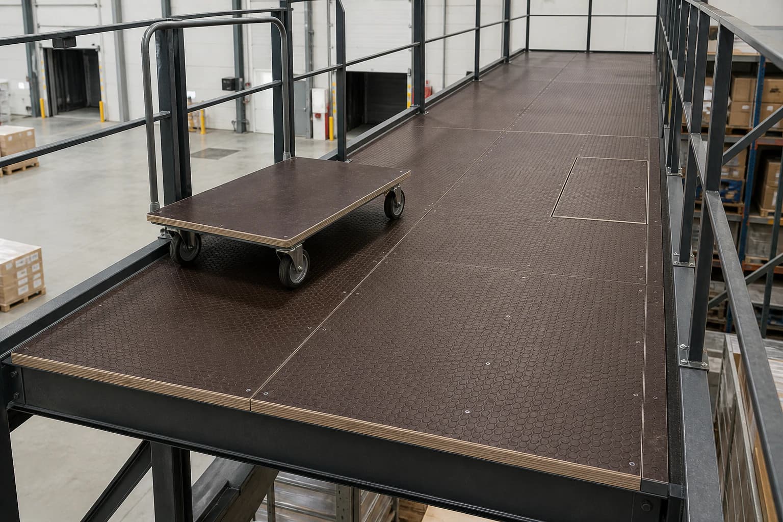 Industrial service walkway with supported patterned plywood panels, flush fasteners, a maintenance hatch and four-caster trolley