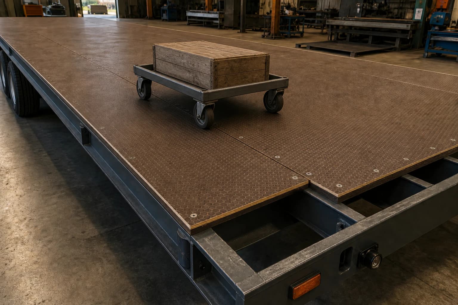 Patterned plywood trailer deck over steel cross-members with a supported joint, flush fasteners and a loaded platform trolley