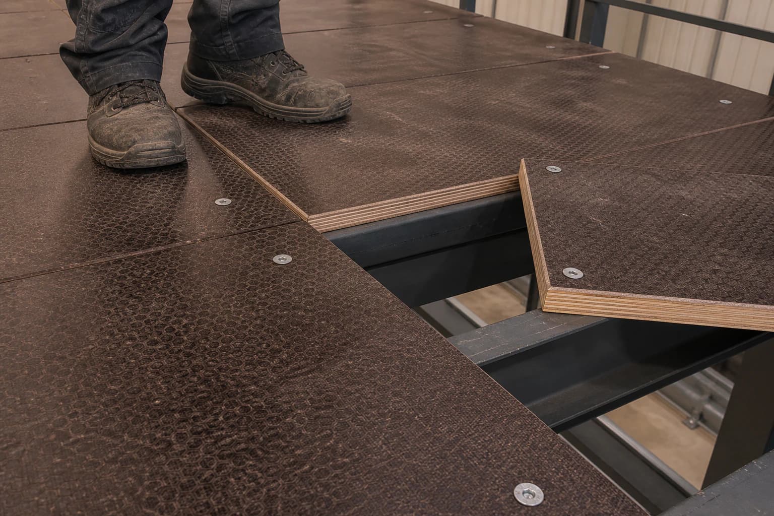 Patterned anti-slip plywood panels fixed over steel supports with one access panel lifted to show the sealed layered edge