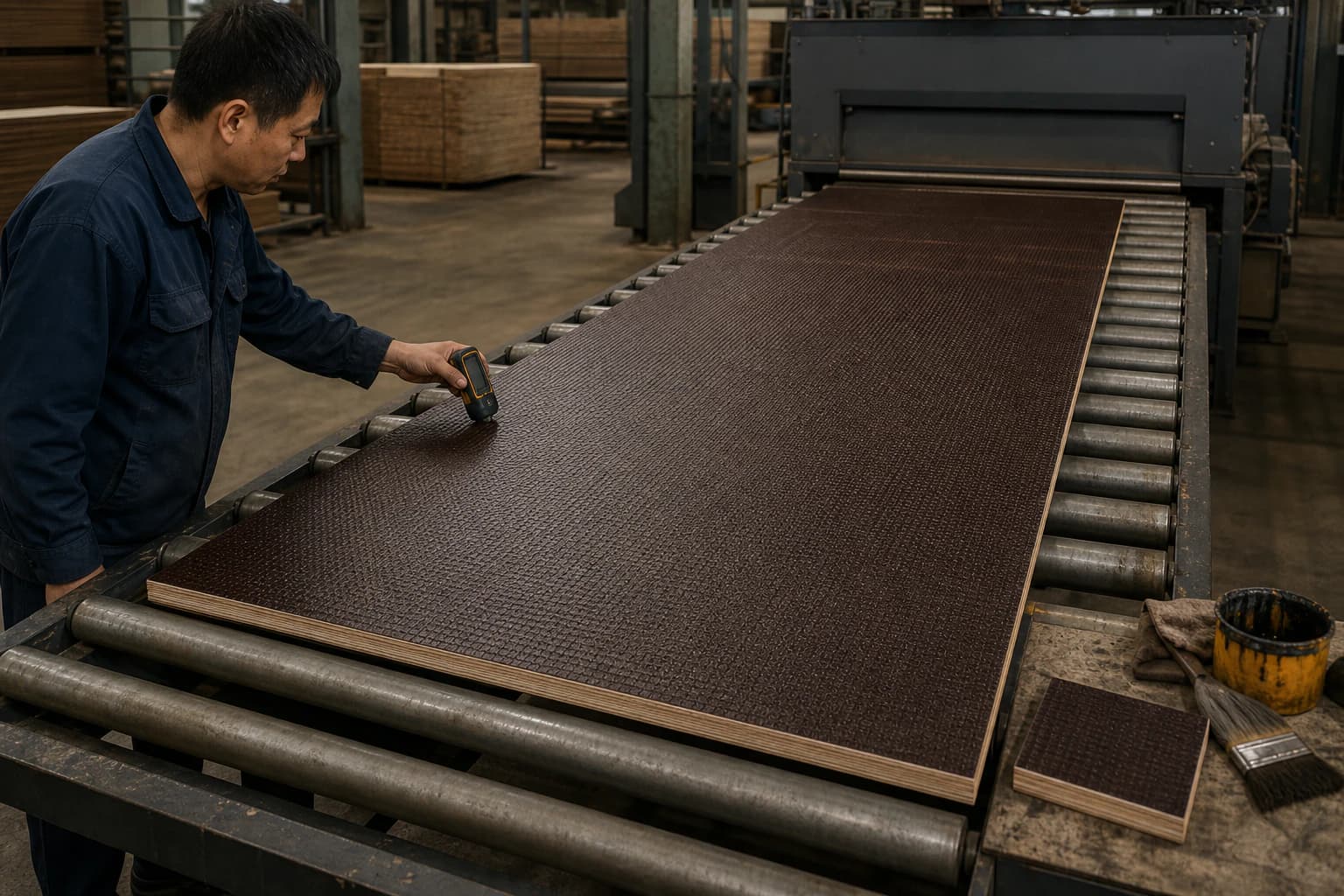 One operator inspecting a wire-mesh phenolic anti-slip plywood panel fully supported on a level roller table