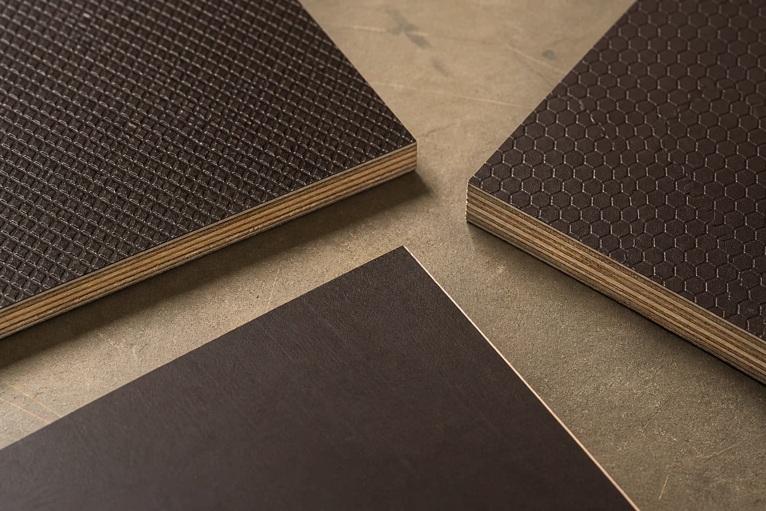 Anti-slip plywood samples with wire-mesh, hexagonal and smooth phenolic faces beside realistic cross-laminated edges
