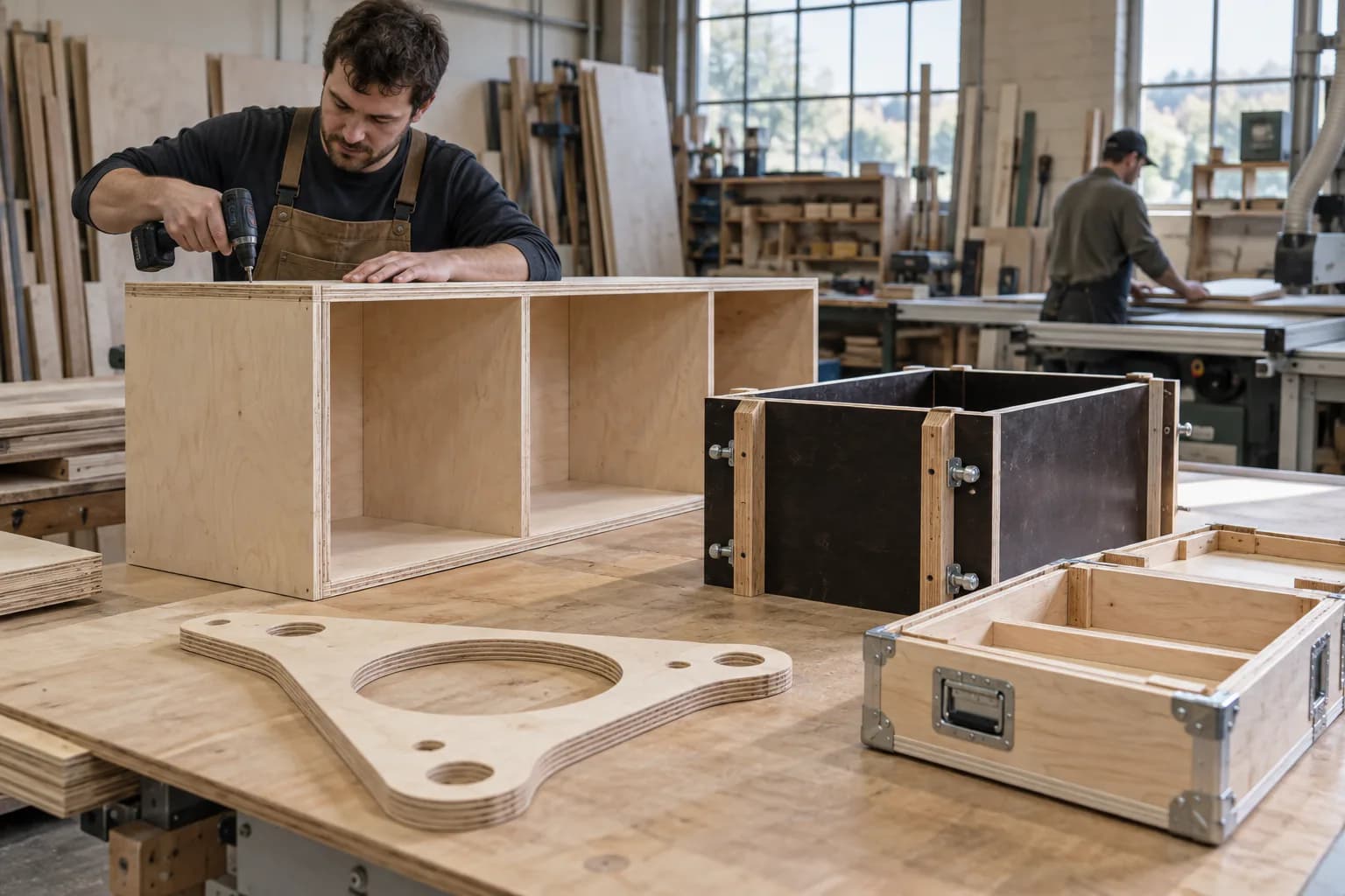 Plywood cabinet, formwork, precision-cut and protective-case components in a fabrication workshop