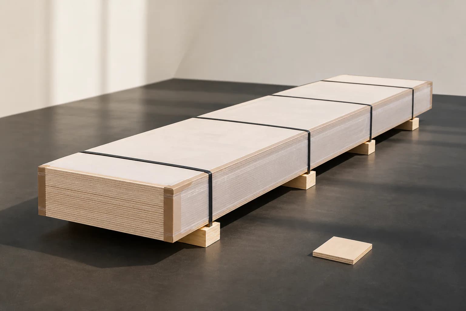 Long plywood stack on continuous aligned bearers with wrap, edge protection and continuous restraint straps