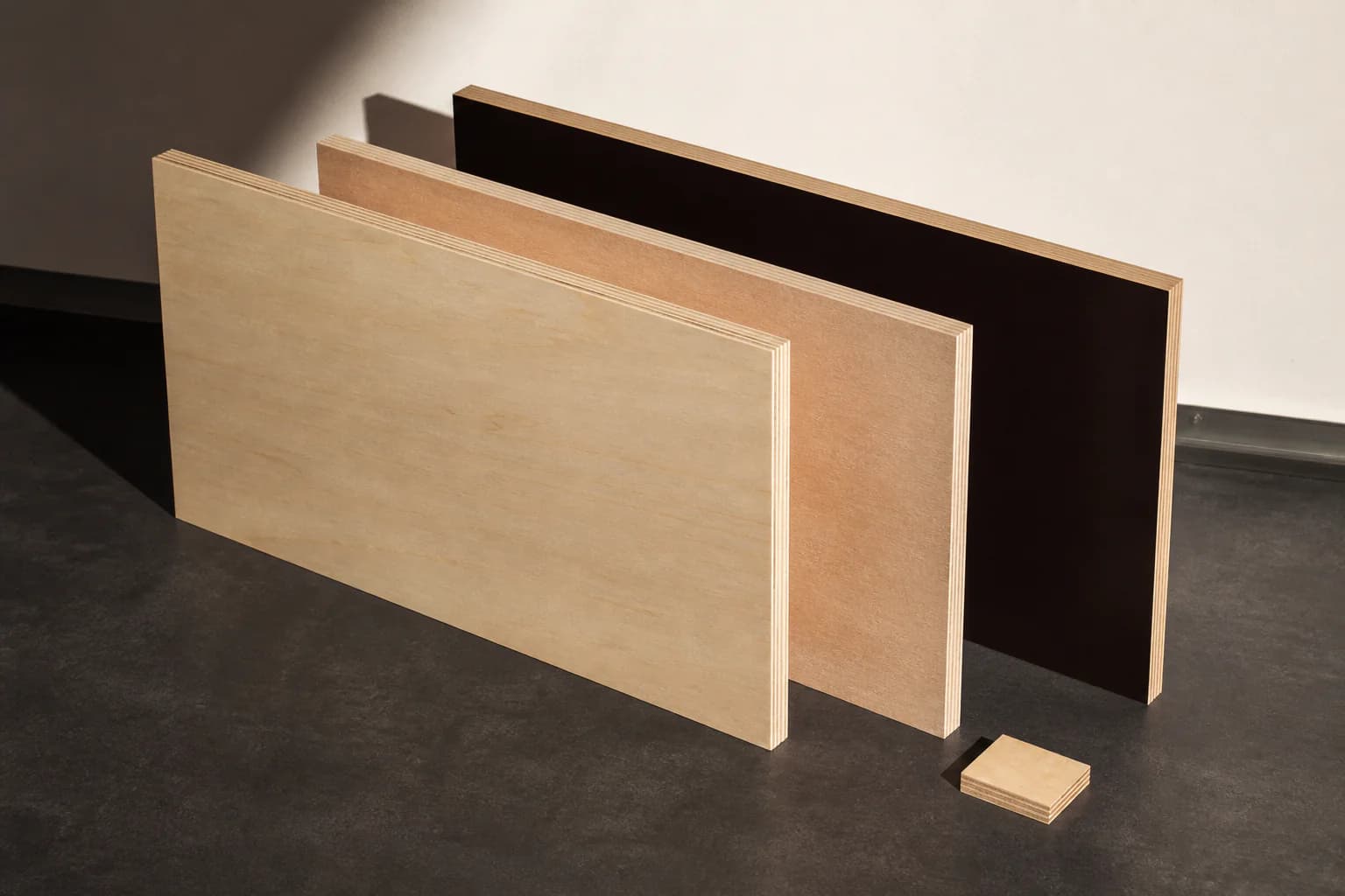 Three distinct plywood panel constructions arranged for structural, marine and formwork specification review