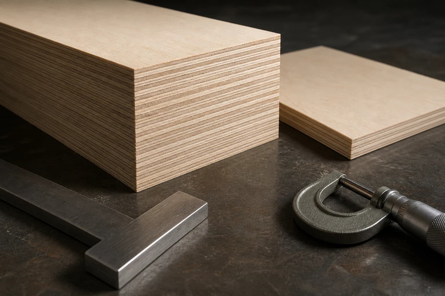 All-birch plywood samples showing a thickness-specific multi-ply edge construction