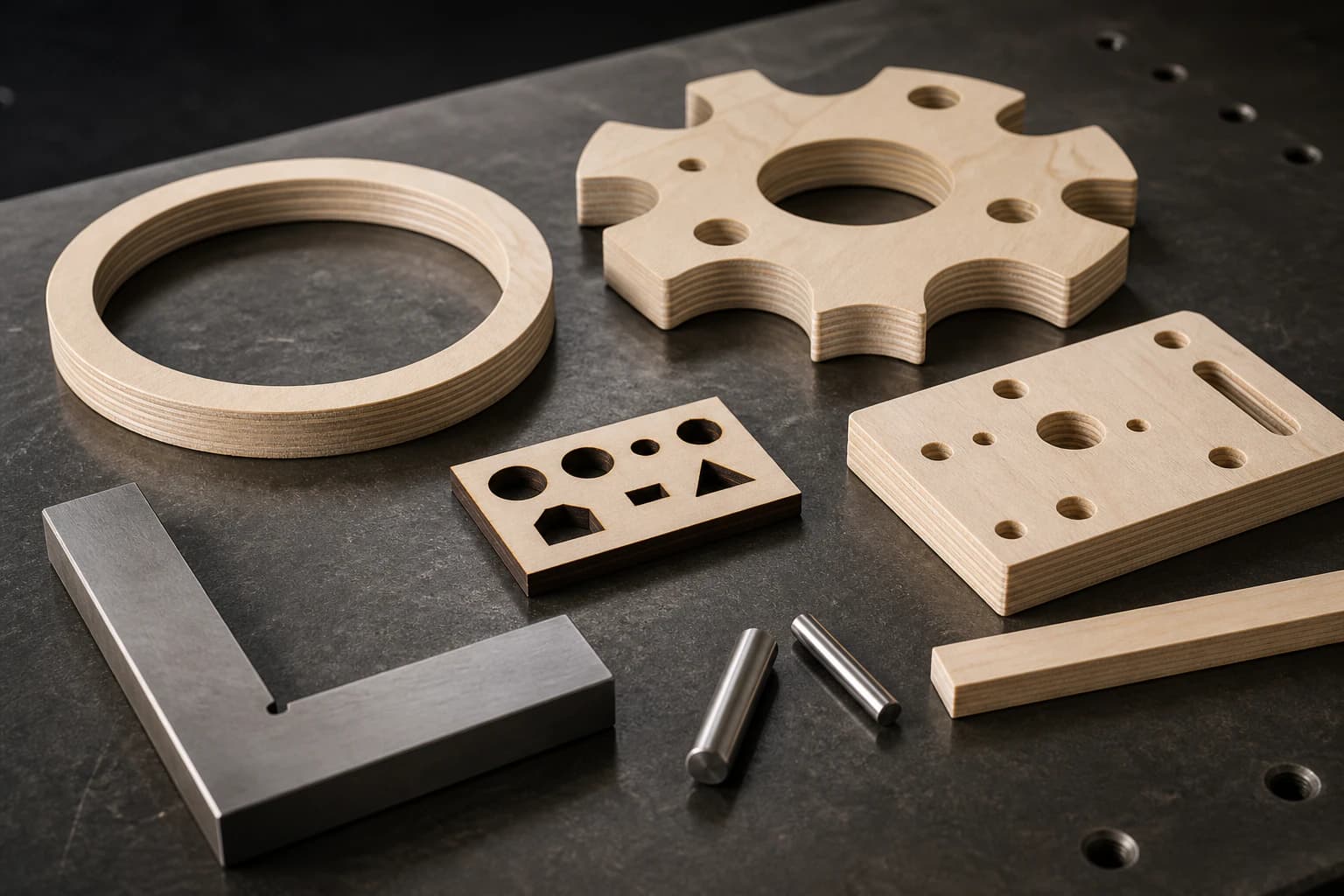 Precision CNC and laser sample components machined from all-birch plywood panel