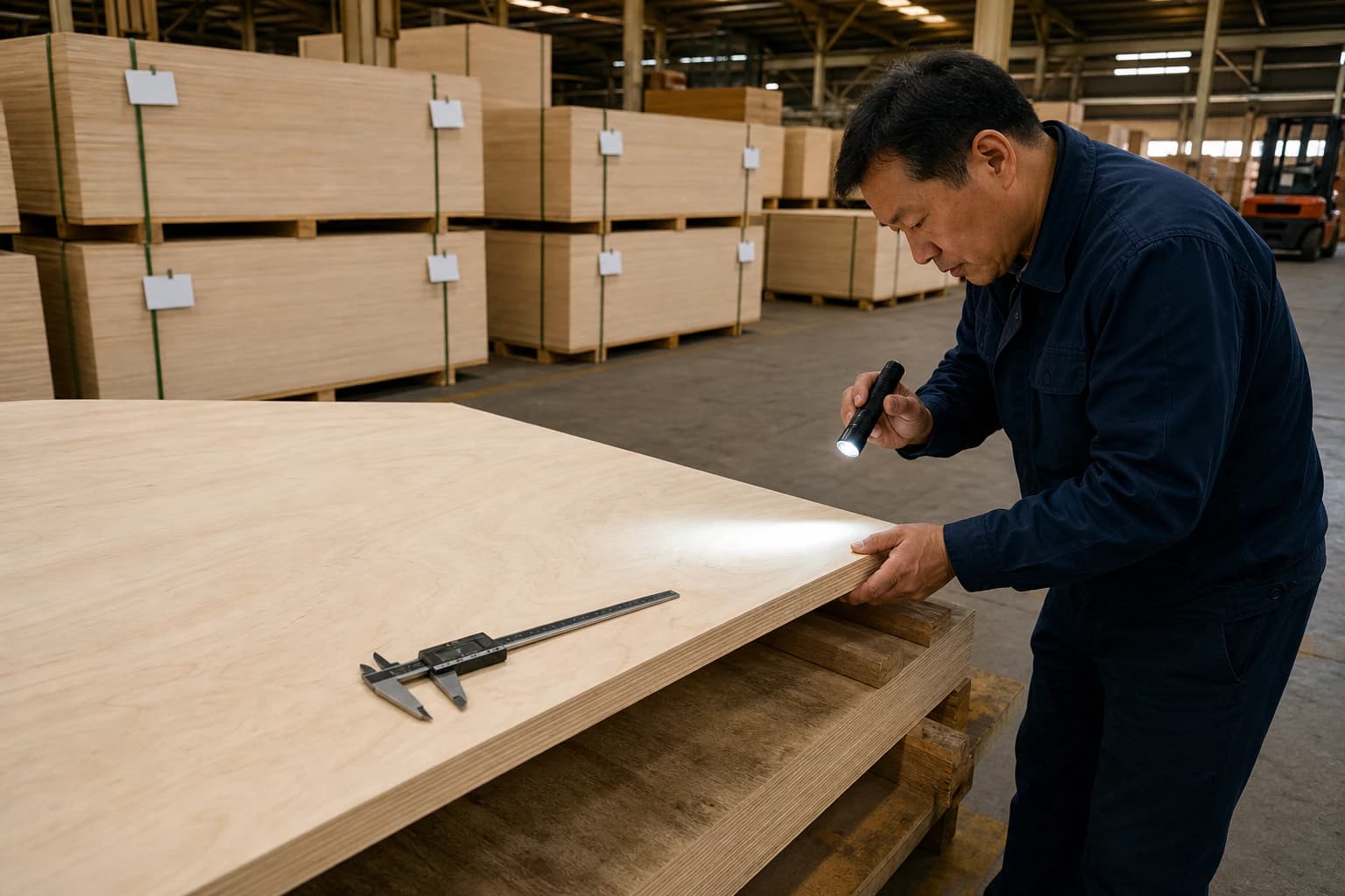 Technician inspecting a pale all-birch plywood production lot on aligned supports in a panel warehouse