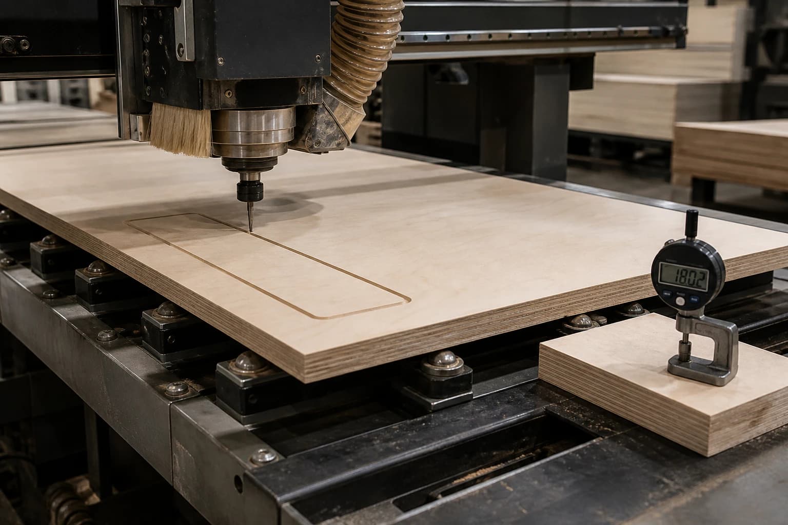 Birch-faced plywood on a supported CNC table with calibration gauge and routed test path