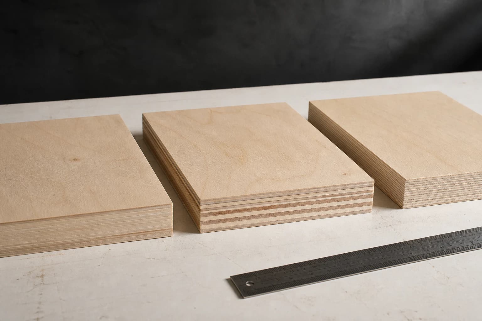 Three birch-faced plywood samples comparing poplar, combi and all-birch core constructions