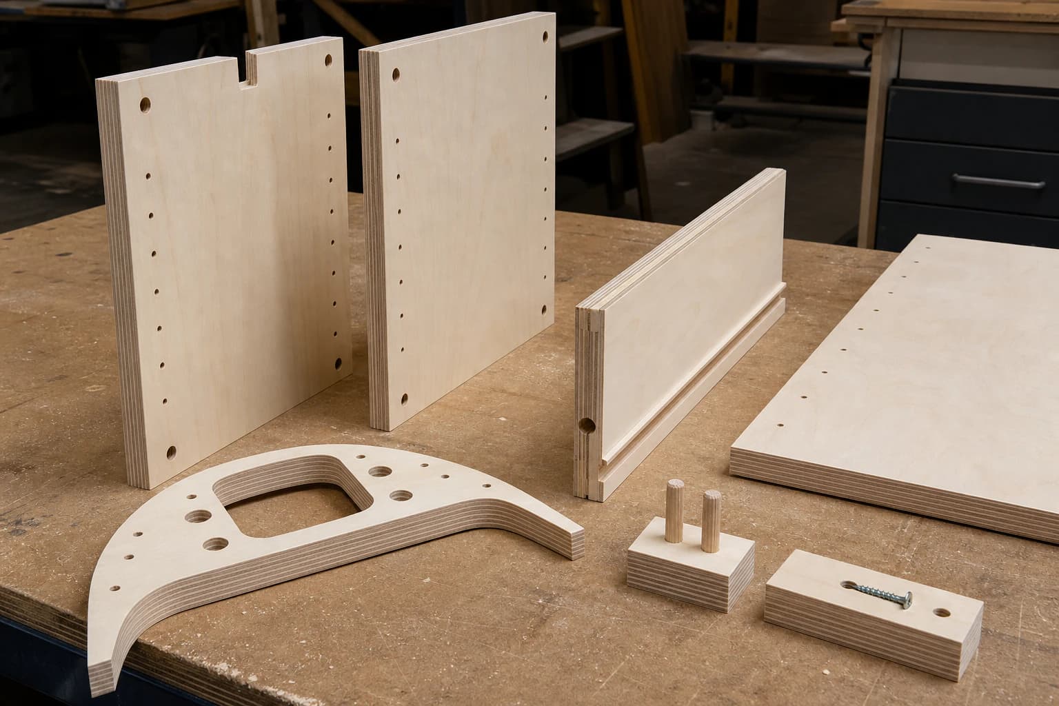 Birch-faced plywood furniture components showing drilled faces, routed profiles and exposed multi-ply edges