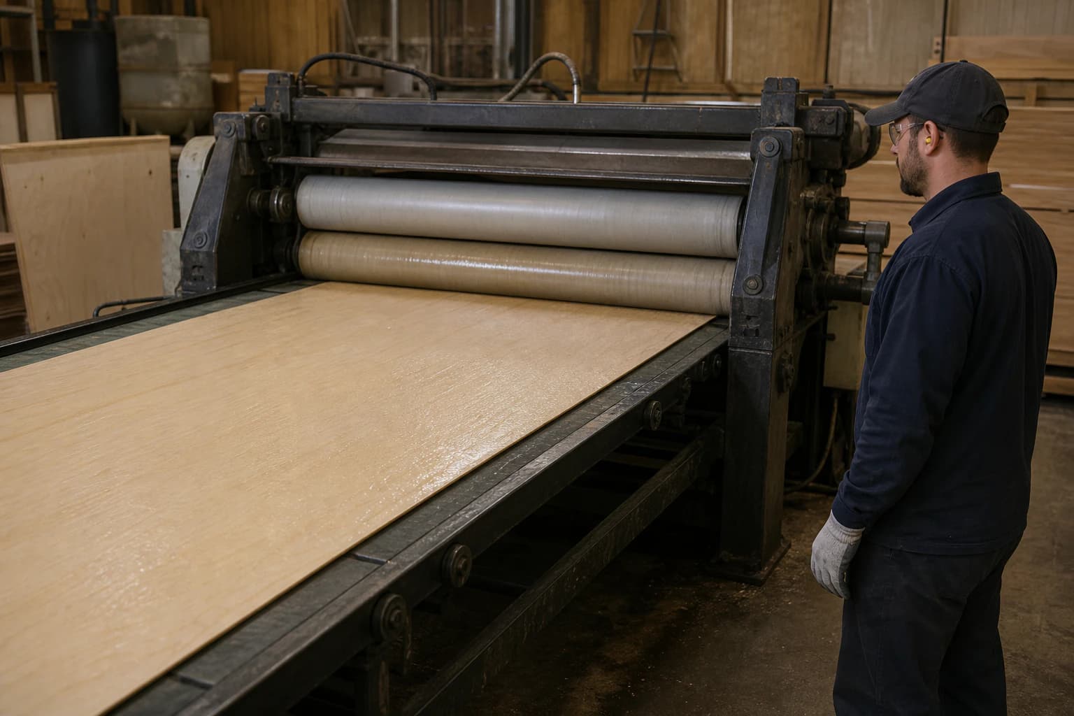Complete plywood veneer sheet supported on a conveyor while passing through one industrial roller glue spreader