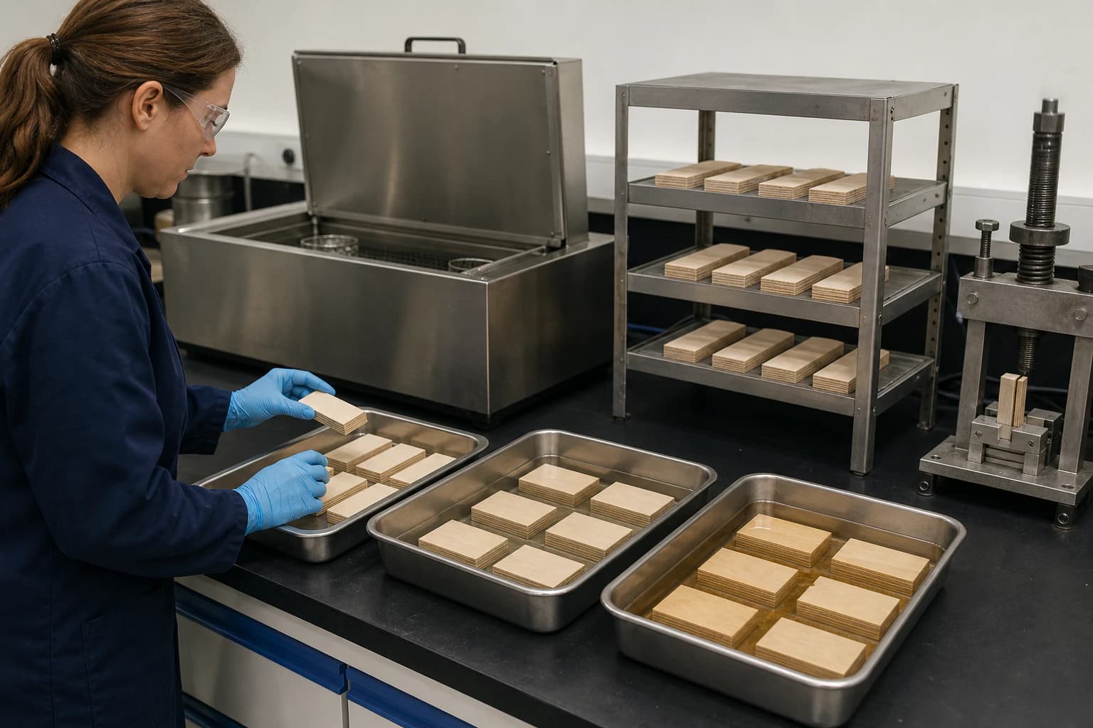 Plywood bond test specimens separated between dry racks and stainless treatment trays in a quality laboratory