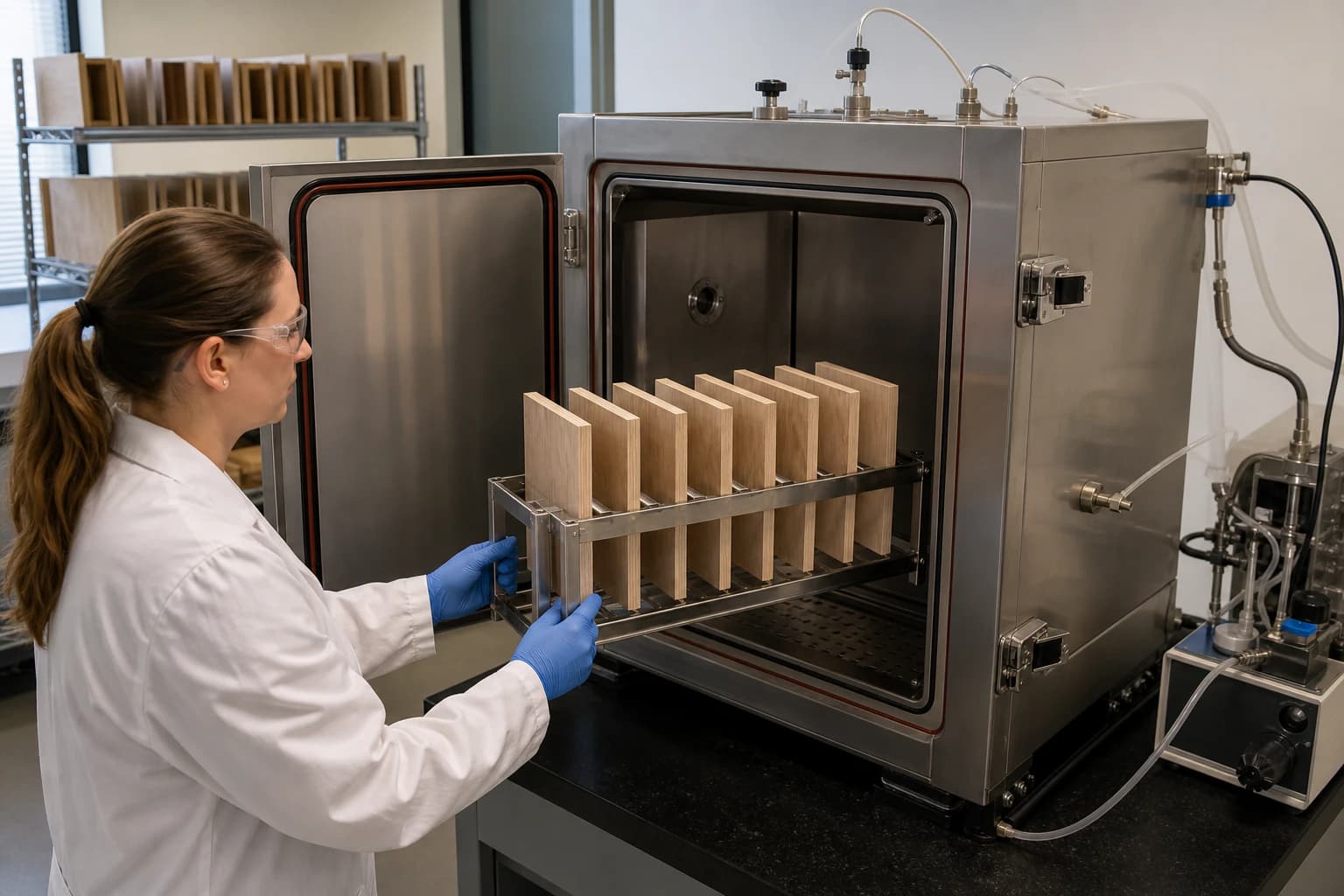 Laboratory technician loading spaced plywood specimens into a sealed stainless emission test chamber