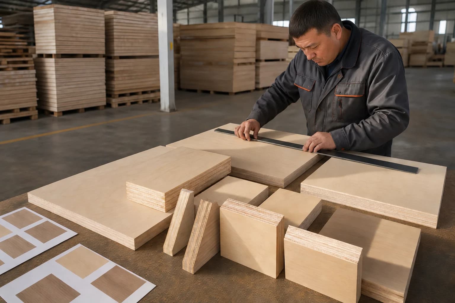 Birch plywood samples arranged for face, edge and grade inspection while one worker checks a panel with a straightedge