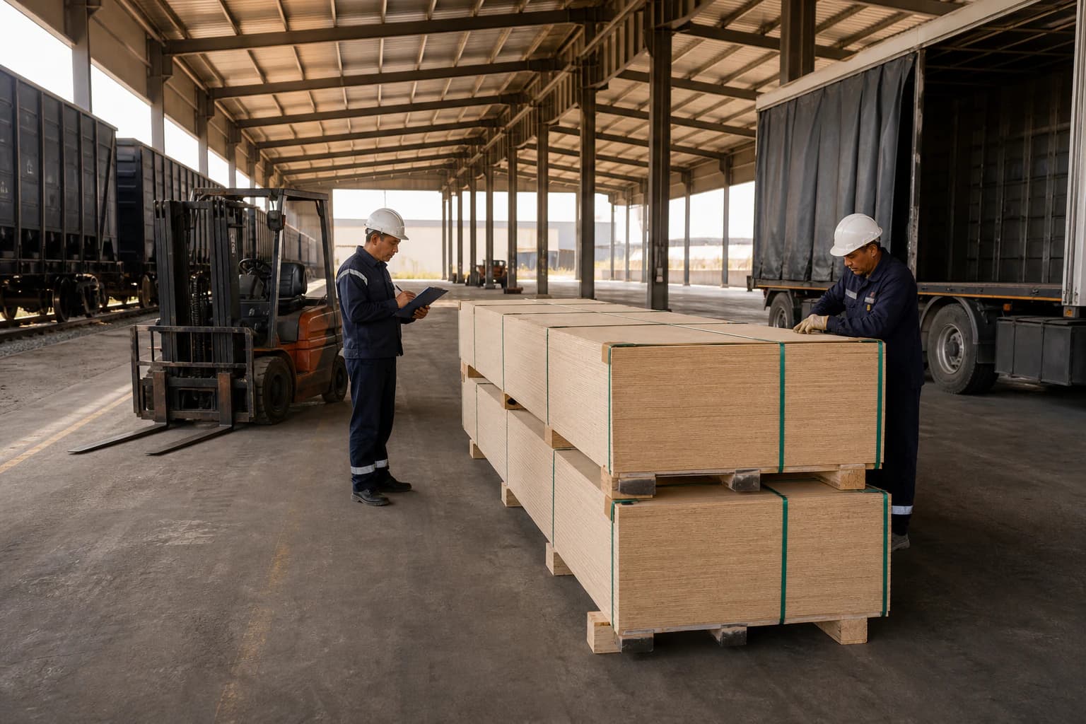 Full-size plywood bundles supported on aligned bearers in a covered rail and road transfer warehouse