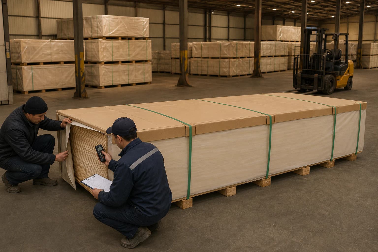 Long rectangular plywood bundle with continuous supports, multiple crosswise straps, corner protection and receiving inspection