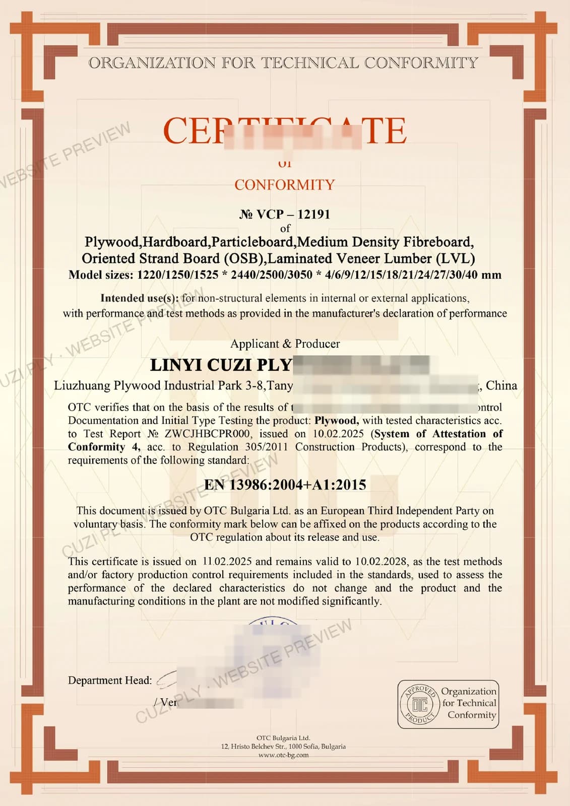 Redacted website preview of the EN 13986 conformity document issued by OTC Bulgaria Ltd.
