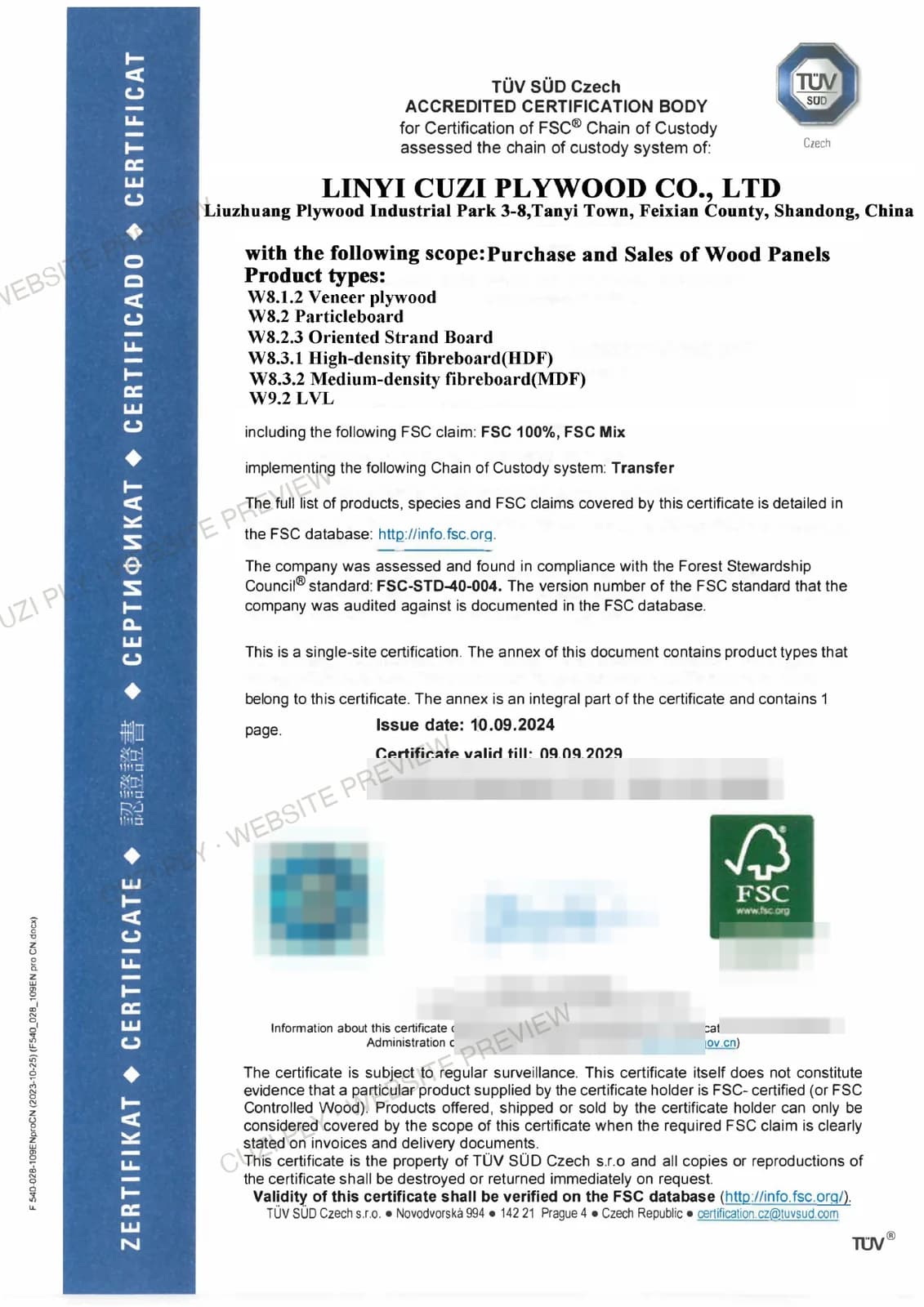 Redacted website preview of the FSC Chain of Custody document issued by TUV SUD Czech to Linyi Cuzi Plywood Co., Ltd.