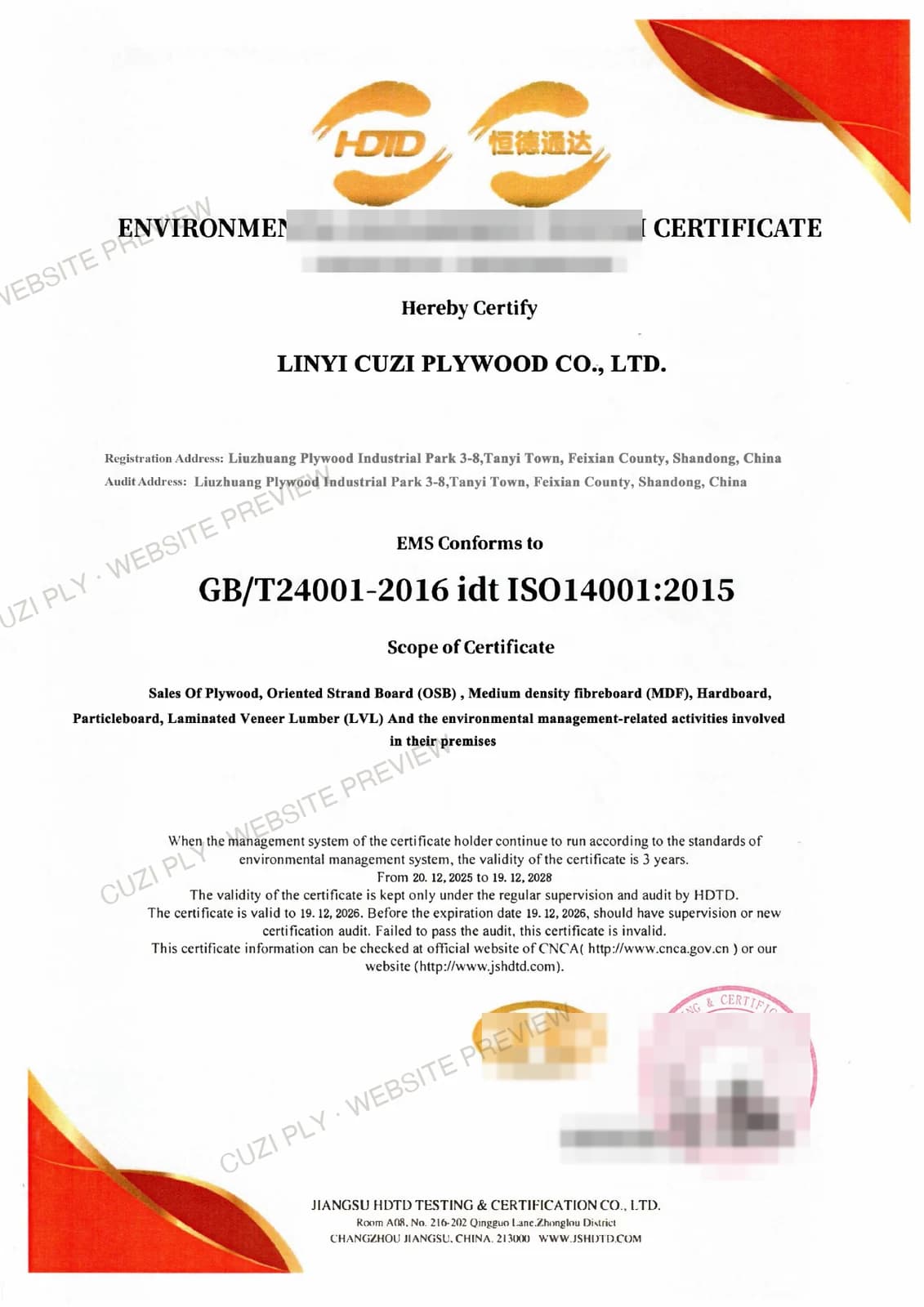 Redacted website preview of the HDDT ISO 14001 environmental-management-system document
