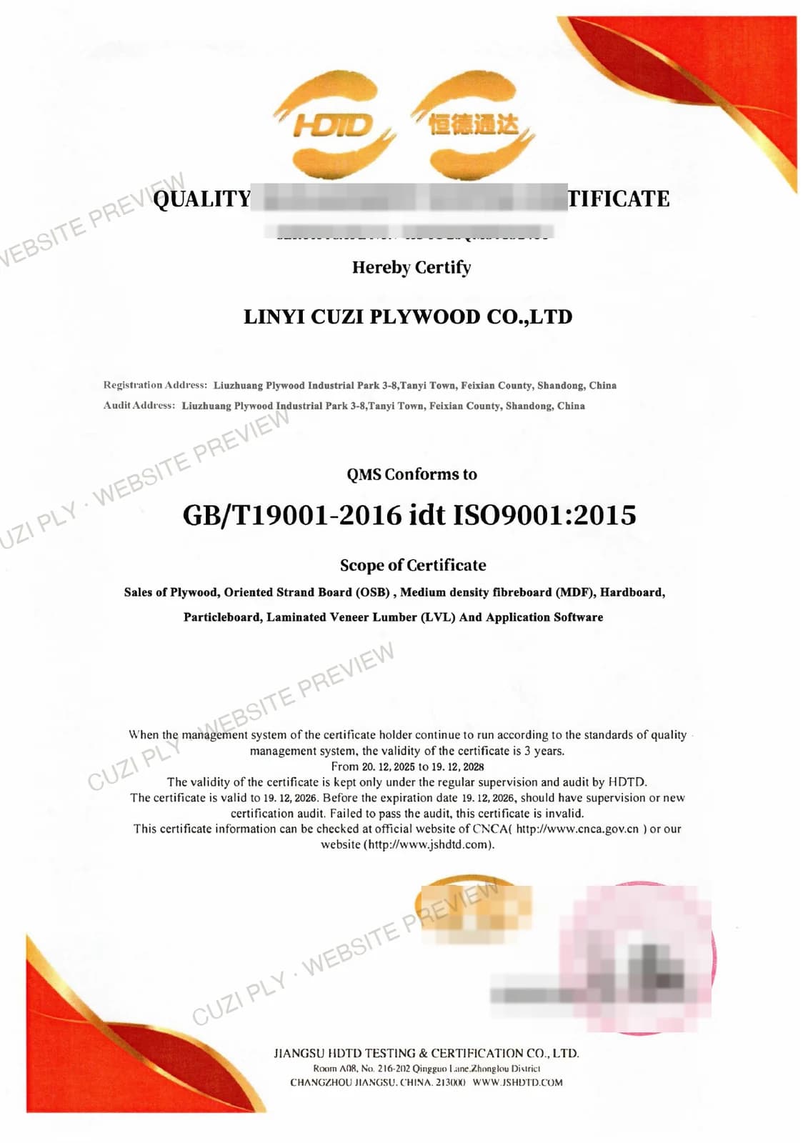 Redacted website preview of the HDDT ISO 9001 management-system document