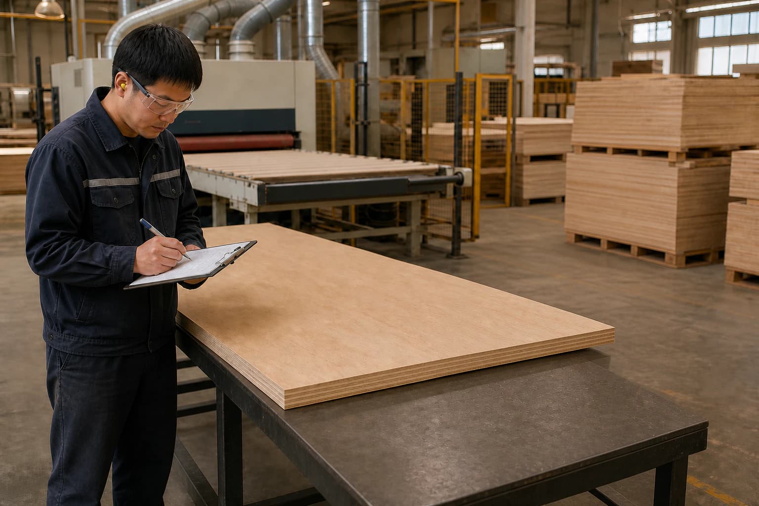 Commercial plywood sheet lying flat on a fully supported inspection table while one operator records its surface and edge condition before the separate calibration next steps