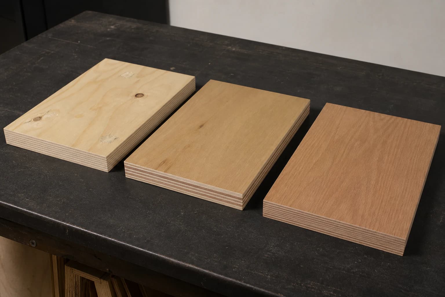 Three commercial plywood material samples showing utility, combi-core and selected hardwood face and edge constructions
