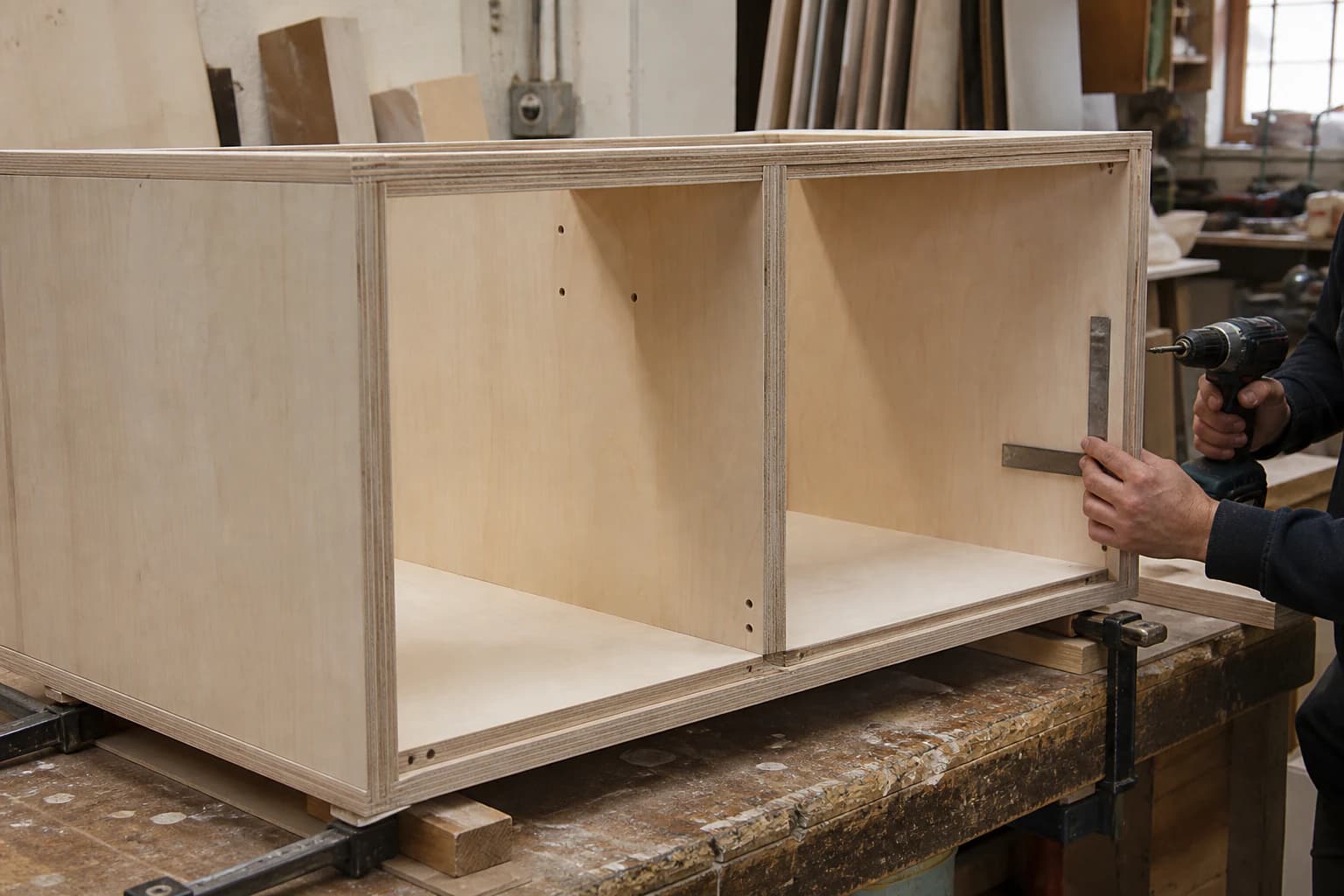 Unfinished cabinet carcass assembled from commercial plywood with visible layered edges and prepared fixing holes