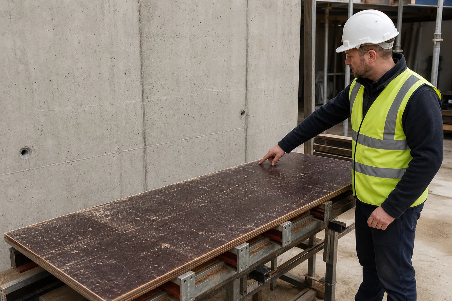 Site inspector comparing a stripped concrete face with a fully supported used film-faced plywood panel
