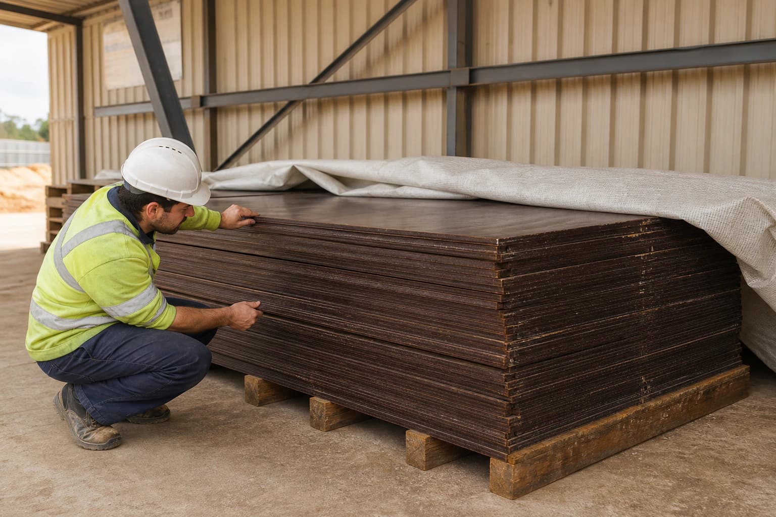 Used film-faced plywood stored flat off the ground on aligned bearers under a ventilated cover
