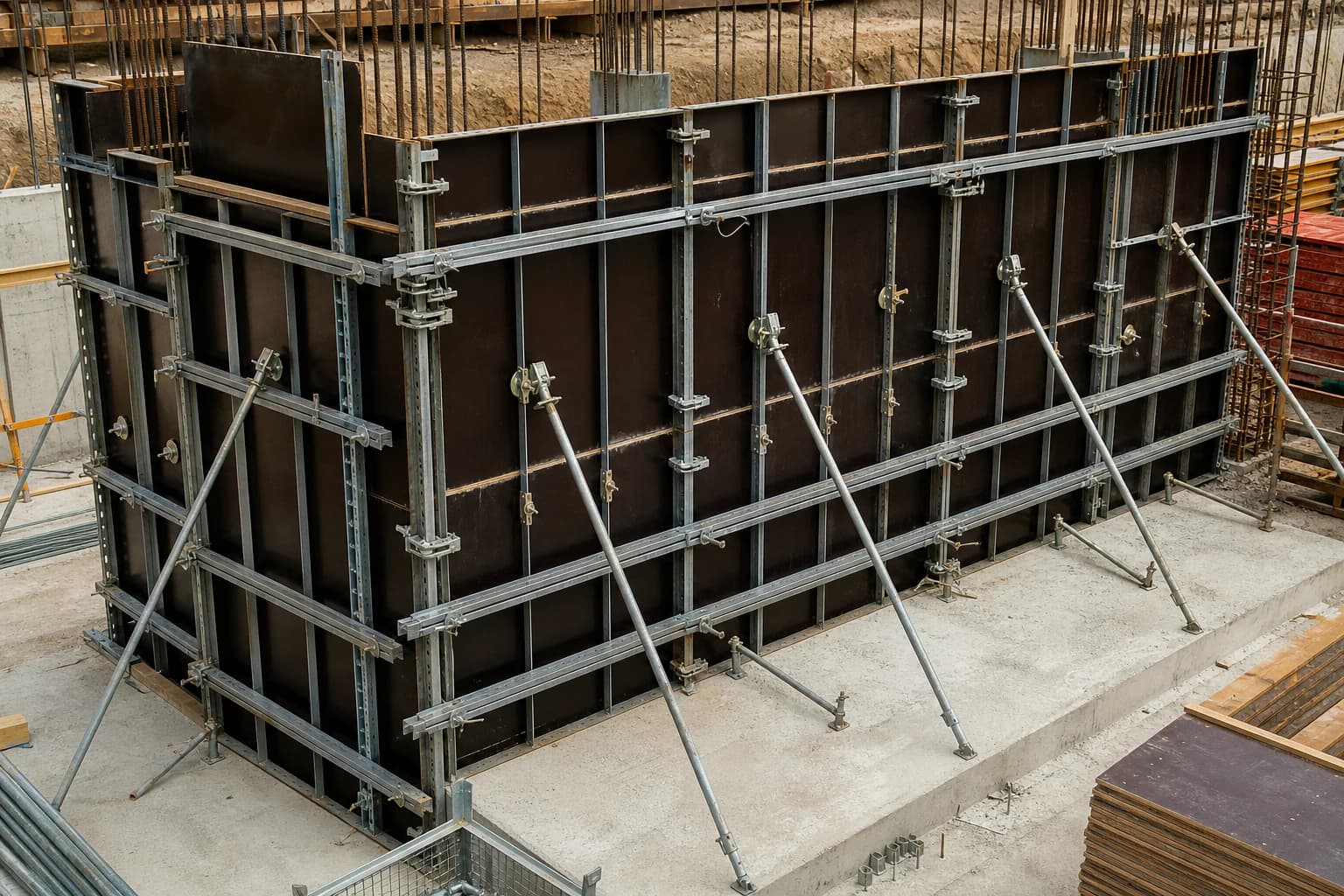 Complete wall formwork assembly with film-faced plywood fully supported by steel frames, walers and braces