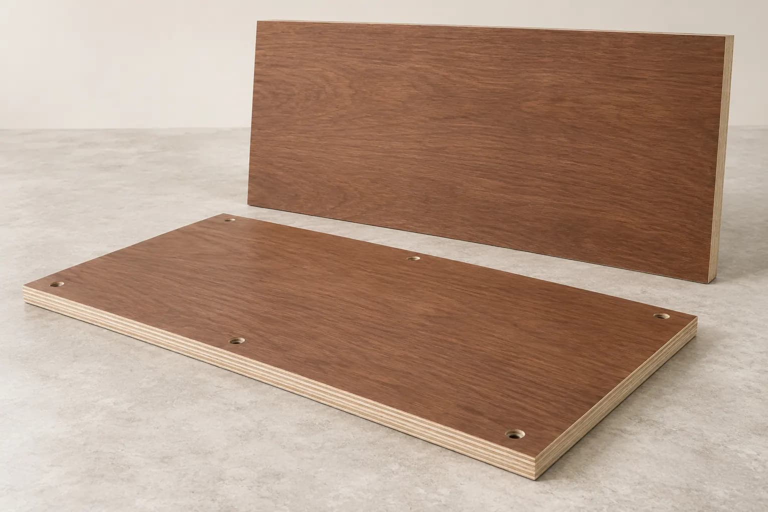 Hardwood-faced container flooring plywood panels with machined fixing holes and layered cut edges