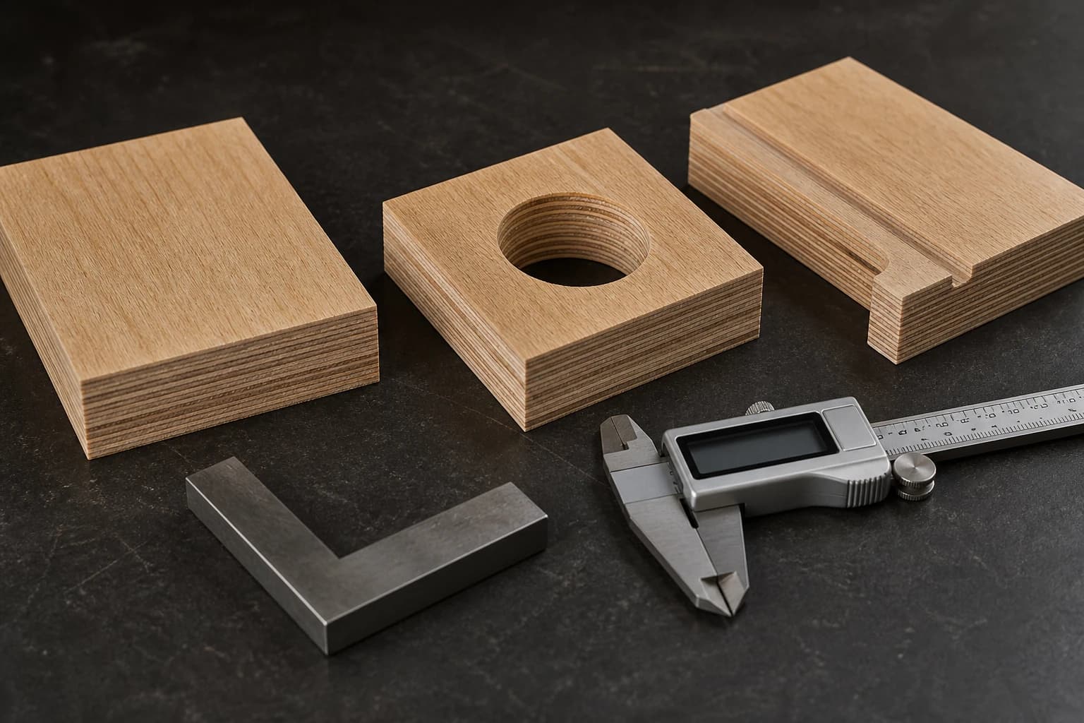 Veneer-core plywood samples with straight cut edge, drilled hole and CNC groove beside a switched-off digital caliper and steel square