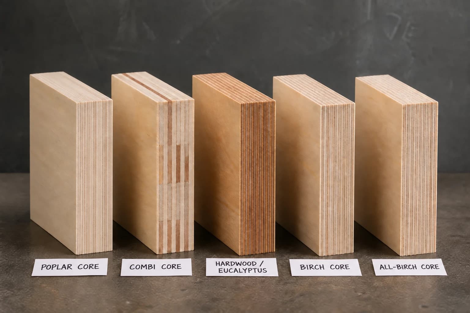 Five veneer-core plywood cross-section samples identified by handwritten white-paper labels as poplar, combi, hardwood or eucalyptus, birch and all-birch core constructions