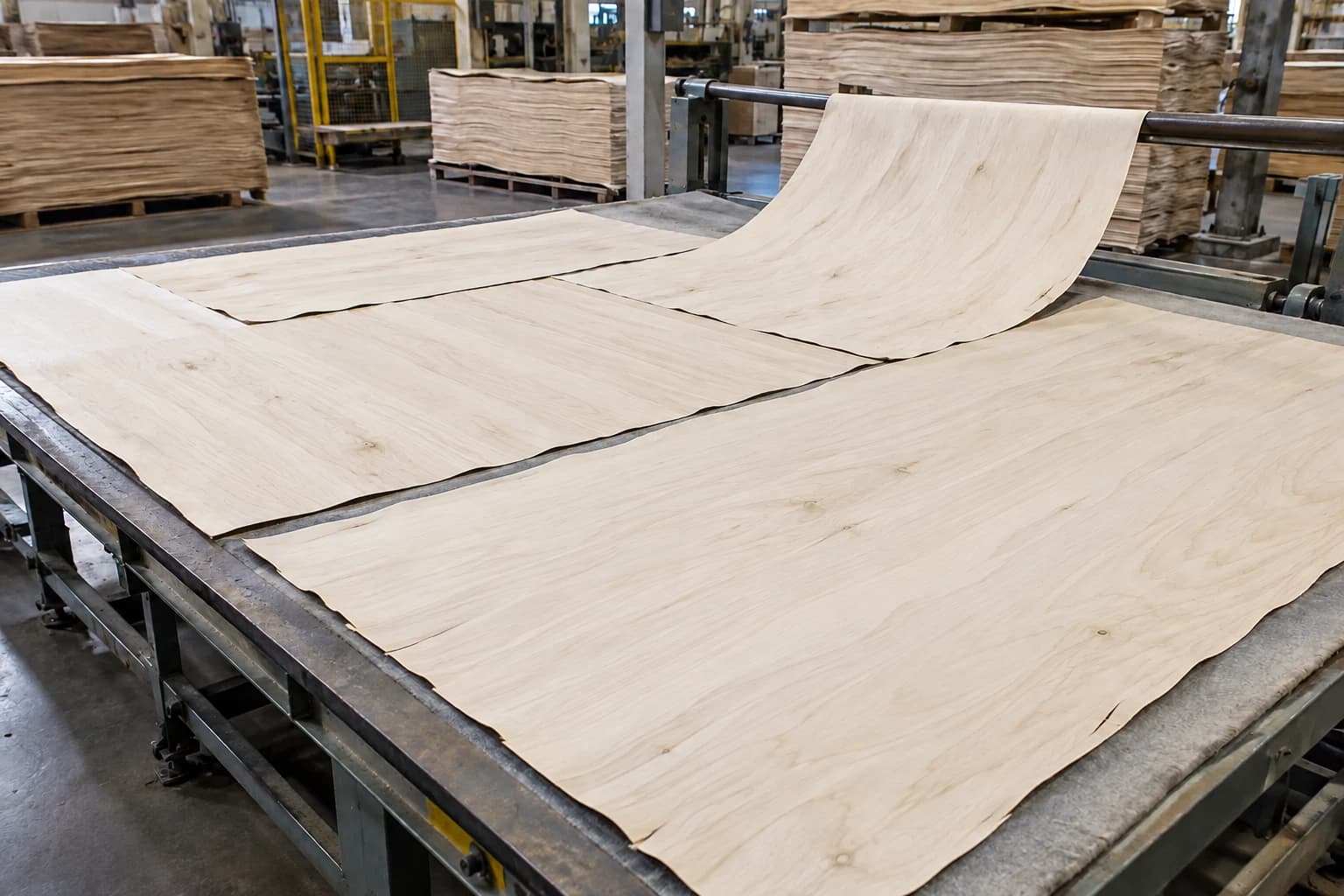 Large full-size pale wood veneer sheets with natural varied grain and slightly irregular edges arranged with adjacent grain directions alternating by 90 degrees on an industrial plywood lay-up table