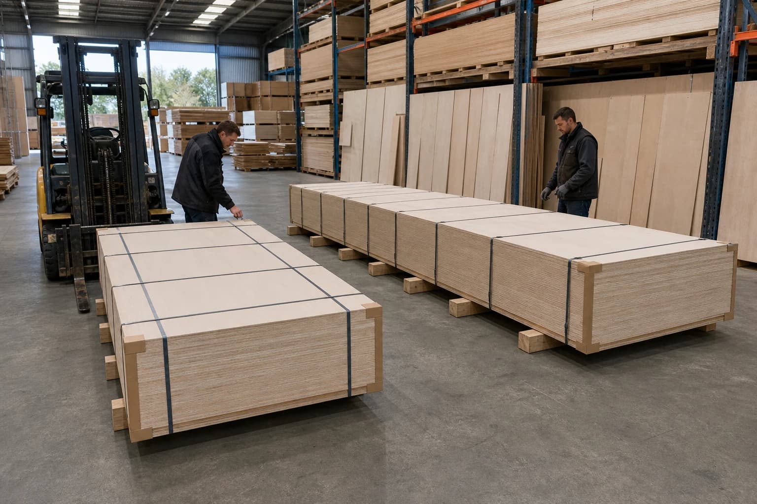 European panel distributor receiving two protected plywood bundles on continuous aligned bearers with forklift and pack inspection