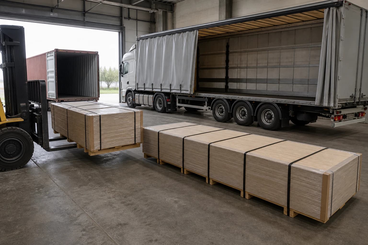 Long plywood bundles with aligned supports and parallel restraints staged beside road and container equipment for European delivery planning