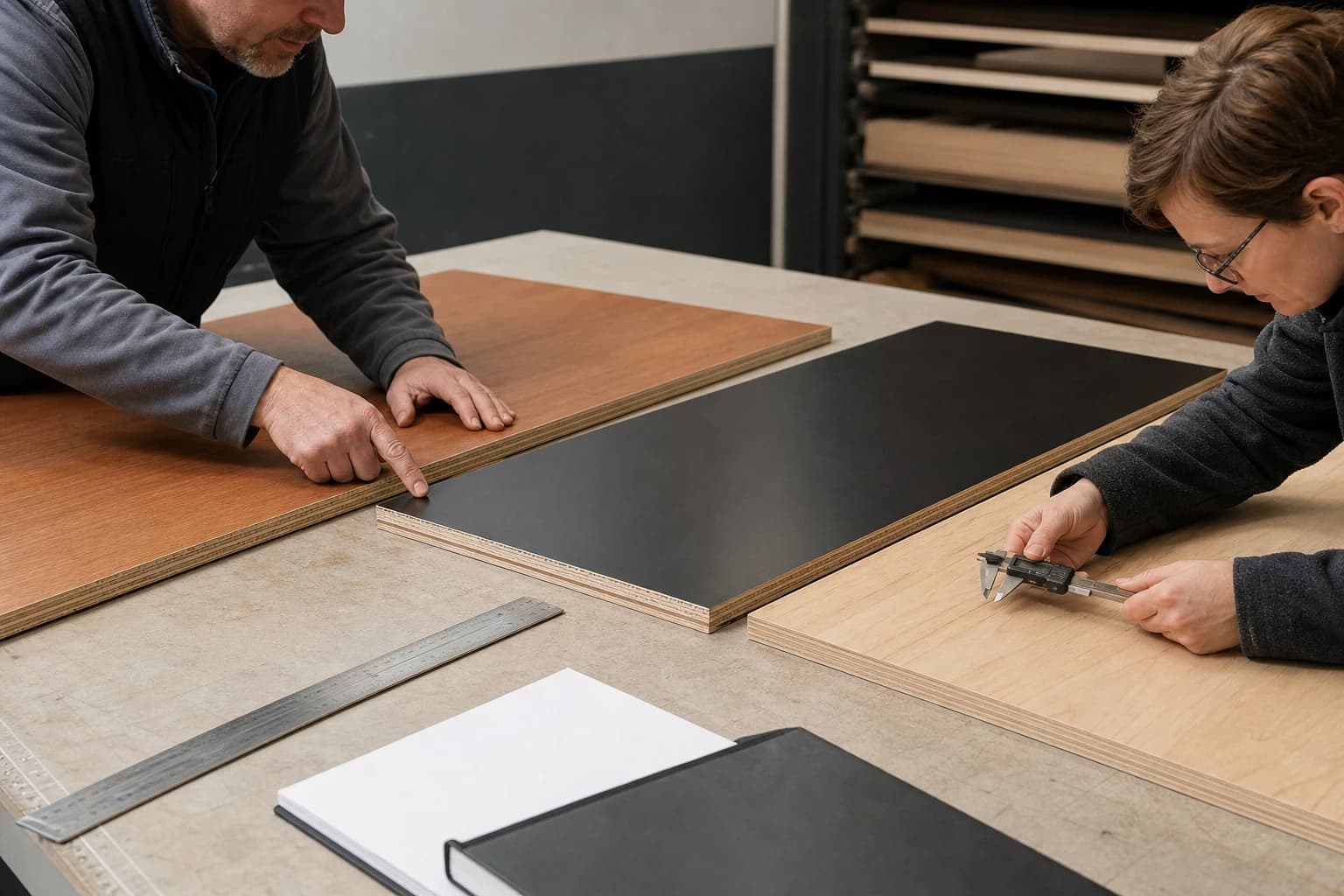 European plywood procurement team comparing birch, coated and furniture panel samples by face, edge construction and measured thickness