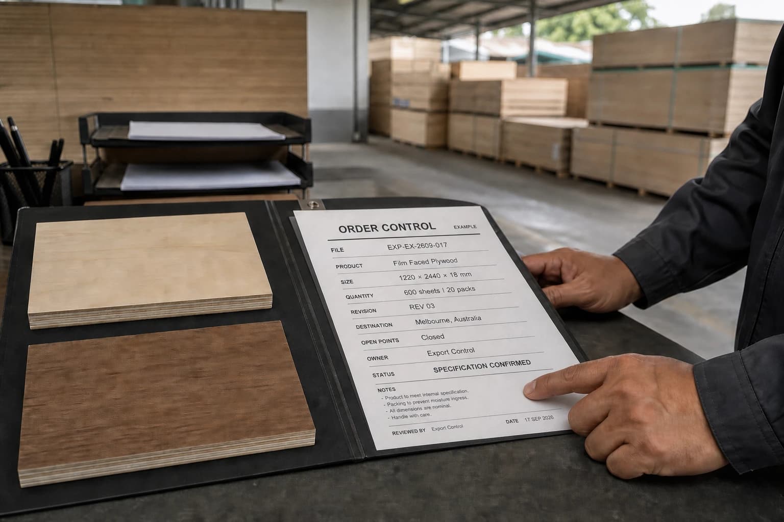 Plywood samples and order details being reviewed in a warehouse