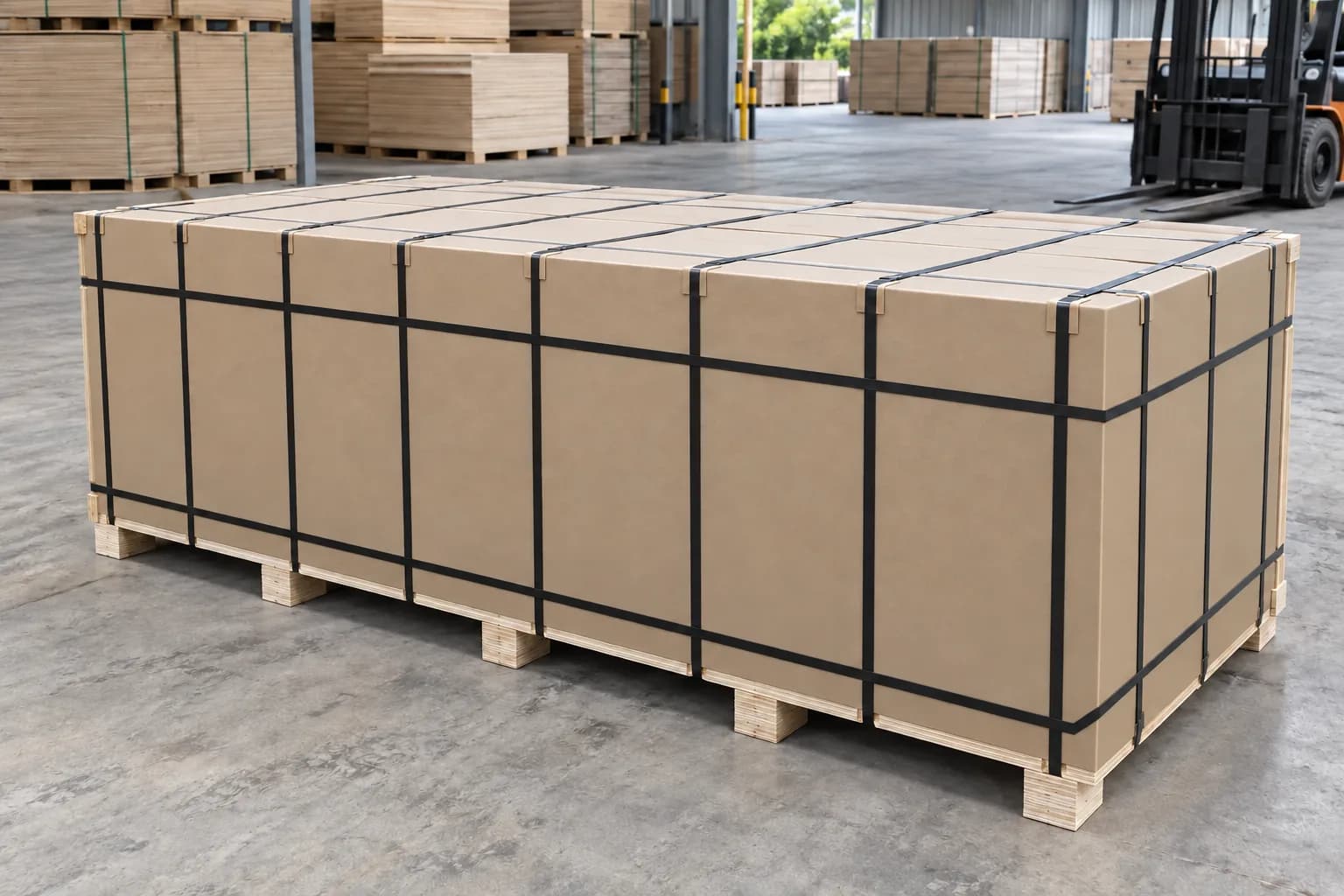 Wide horizontal plywood flat pallet protected on the top bottom and four sides with packing boards black straps and separate pallet feet
