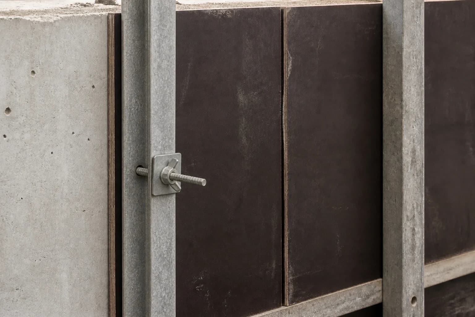 Supported wall form contact showing film faced plywood panel joints, vertical steel walers and an aligned form tie bearing plate