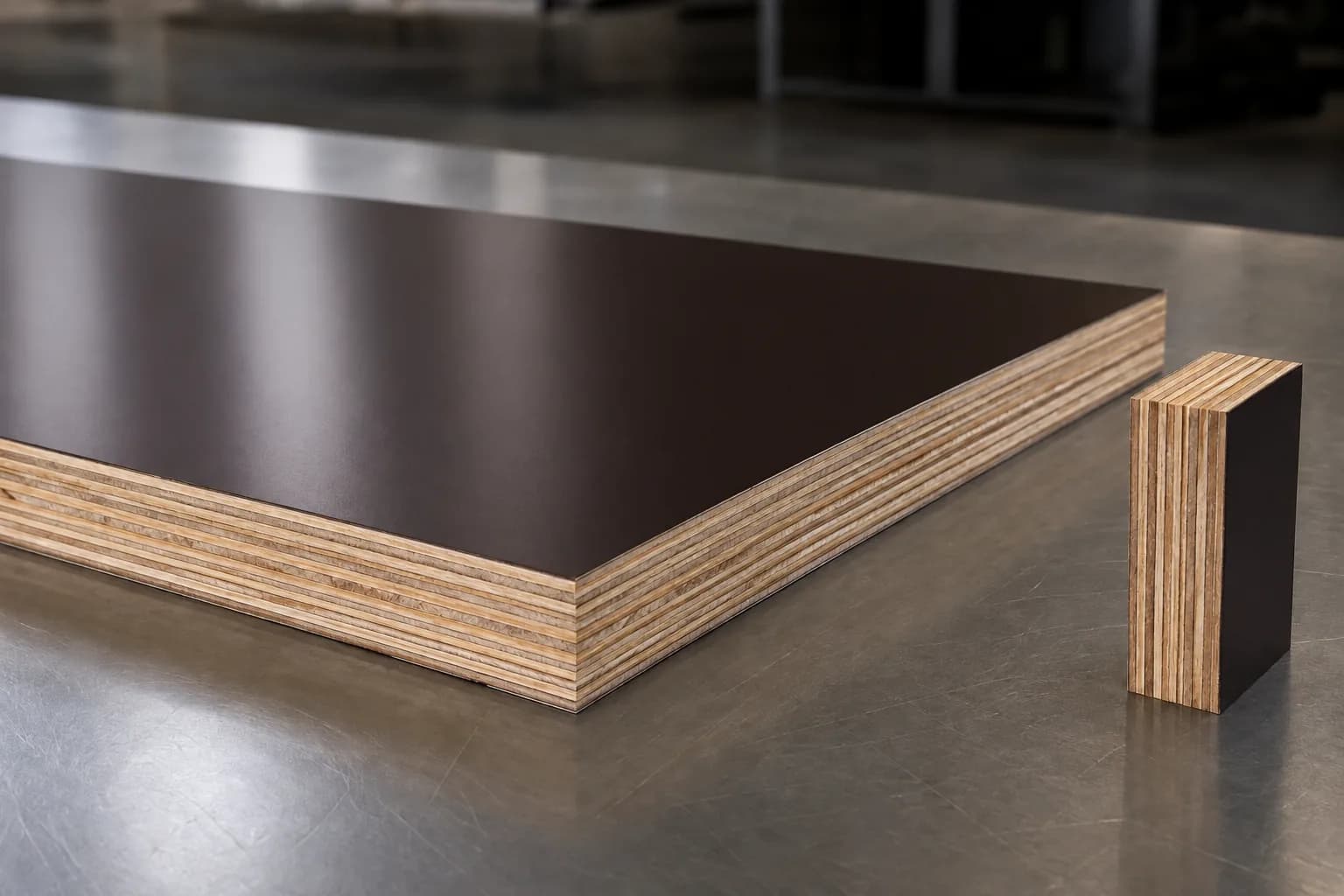 Dark brown film faced plywood inspection panel and cross-section coupon showing a uniformly smooth thin phenolic face and realistic cross-laminated veneer edges