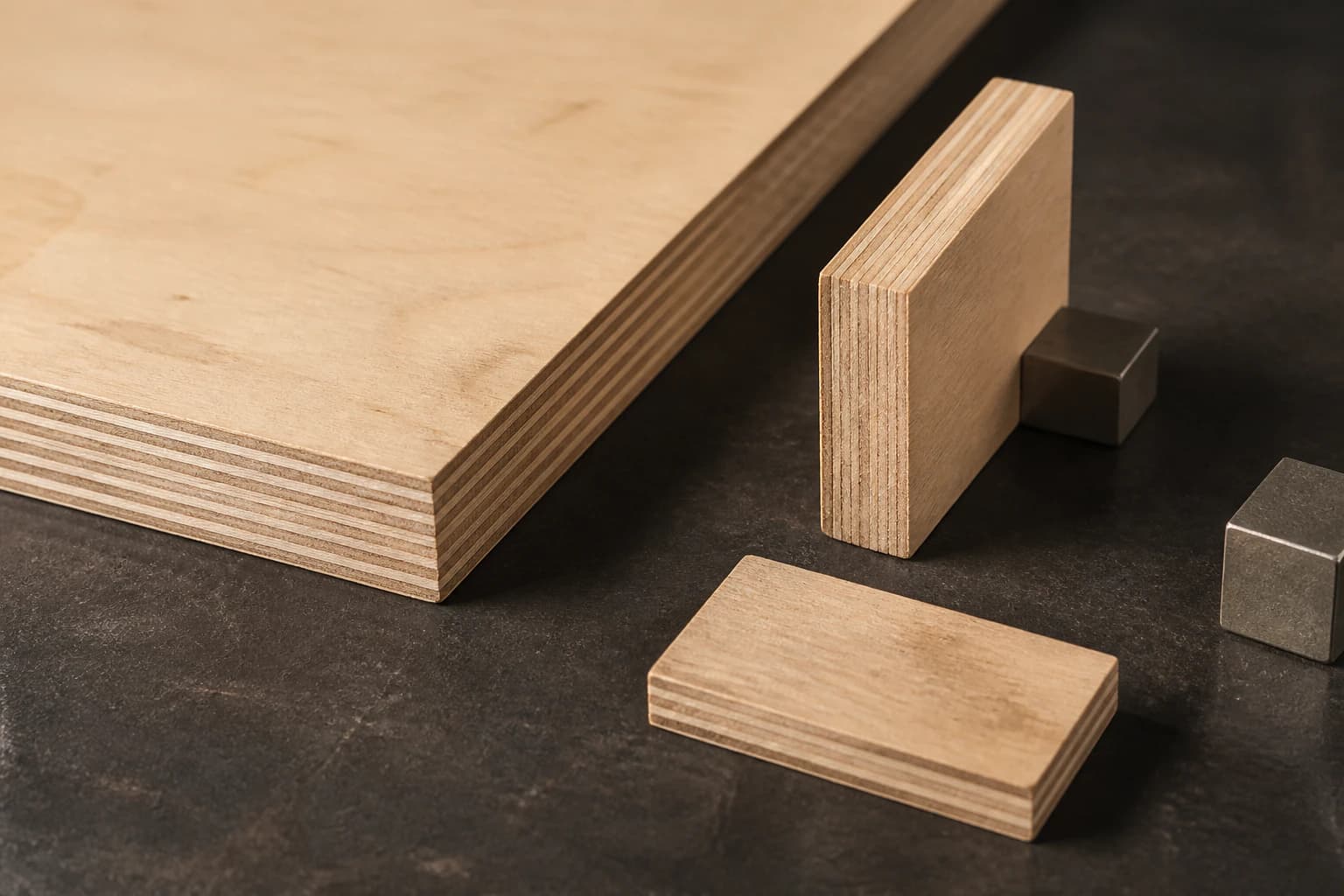 Fire-retardant plywood panel corner and test coupons showing the substrate face and alternating veneer edges