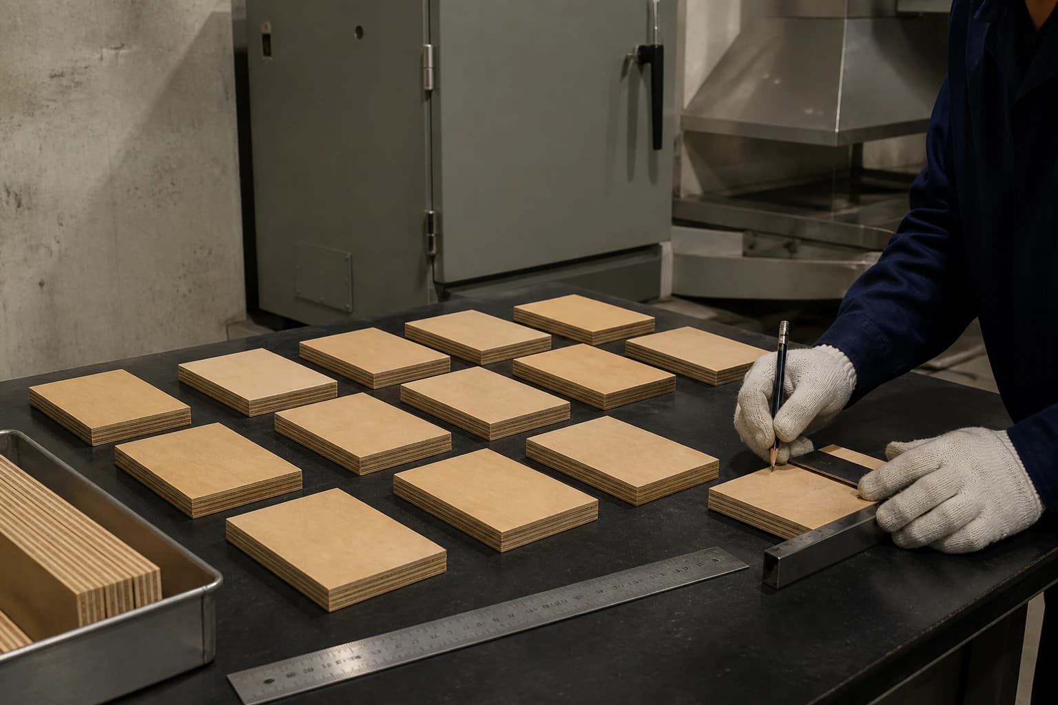 Gloved technician aligning multiple traceable plywood test specimens on a laboratory preparation bench