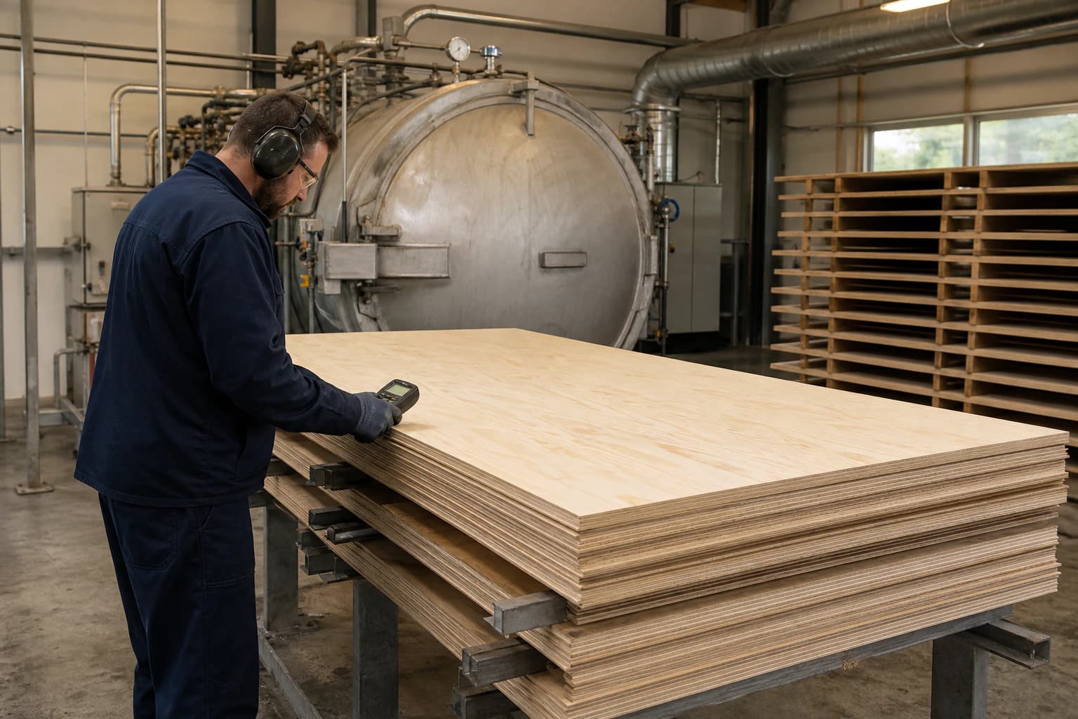 Technician checking conditioned plywood sheets beside a closed pressure-treatment vessel and ventilated drying racks