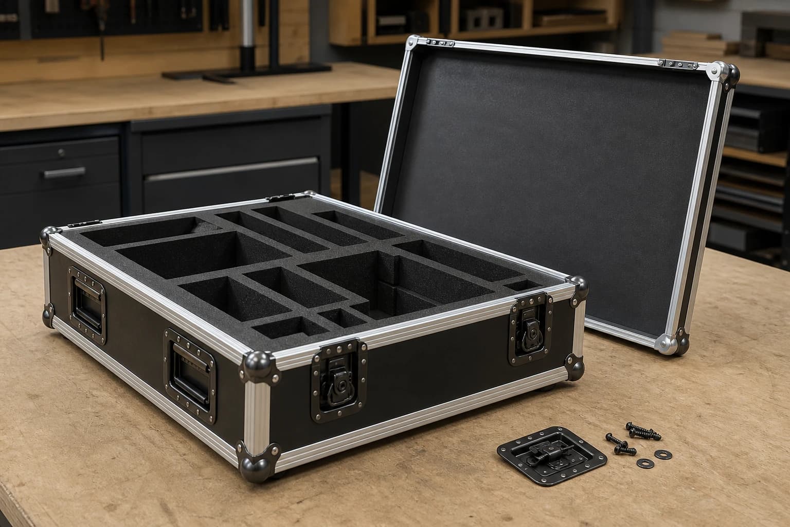 Matching flight case base and detached shallow lid with aligned aluminium edging, corner hardware, recessed fittings and supported modular foam